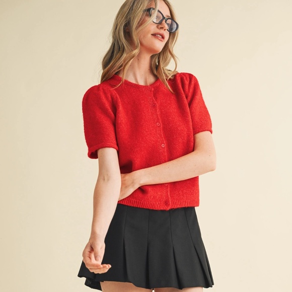 NWT Red Puff Sleeve  Cardigan Sweater - Picture 2 of 8